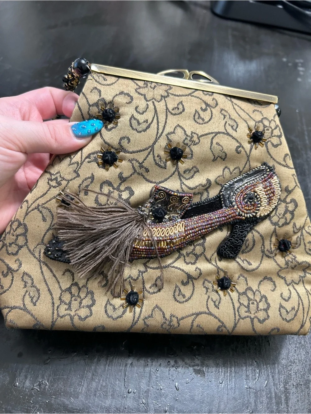 Embroidered Gold Evening Handbag with Beaded Heel Motif
